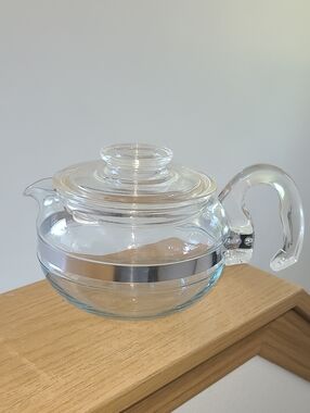 Vintage Pyrex Clear Glass Teapot with Silver Band